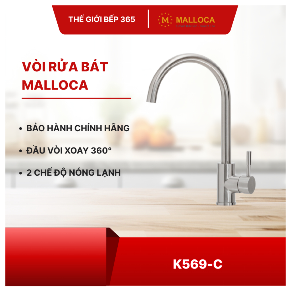 Vòi rửa chén Malloca K569-C – Vòi Cong Sang Trọng, Sử Dụng Nóng Lạnh