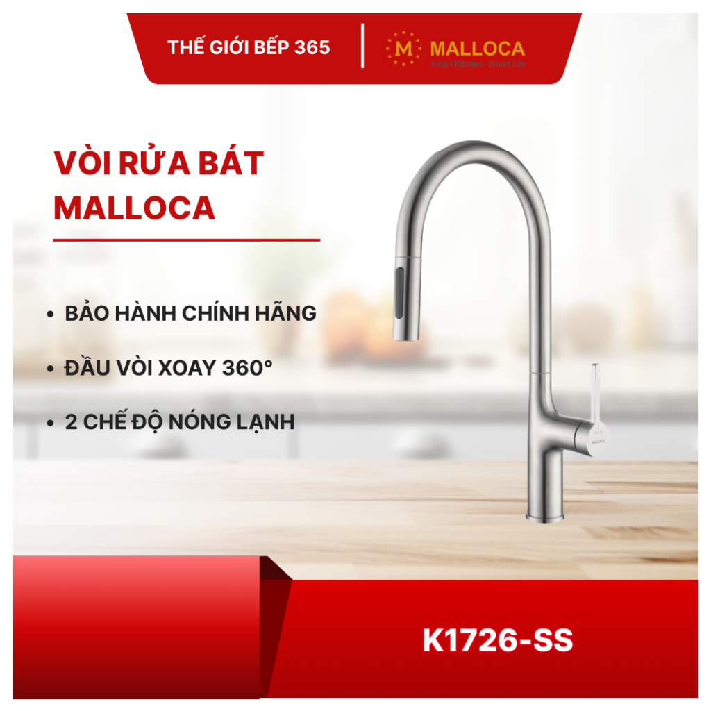 Vòi Rửa Chén Bát Inox Malloca K1726-SS - Inox 304 Cao Cấp, Hoạt Động Êm, Không Rò Rỉ