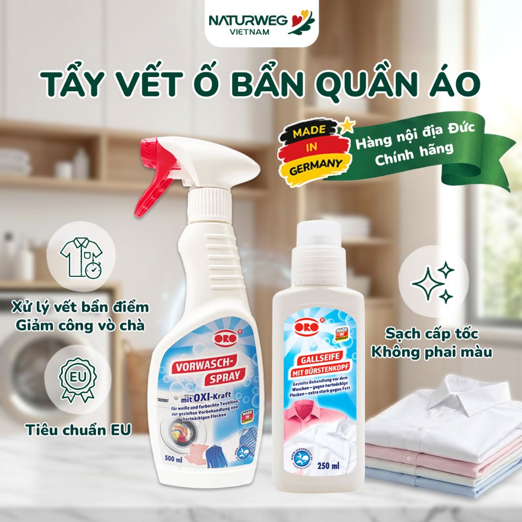 [Nội Địa Đức] Tẩy Ố Quần Áo ORO Tẩy Vết Bẩn, Tẩy Trắng Quần Áo, Không Hại Vải, Tẩy Cổ Áo, Tẩy Áo Màu, Giảm Ố Vàng