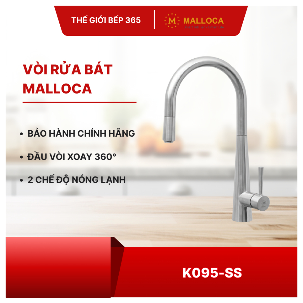 Vòi rửa chén Malloca K095-SS bảo hành 3 năm - Hàng Chính Hãng, Đầu Xoay 360°, Chống Ăn Mòn