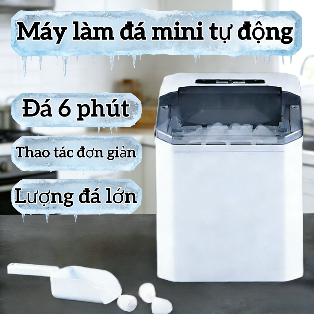 Máy làm đá mini tự động thông minh, làm đá khối vuông & đá viên đạn, dùng gia đình ký túc xá