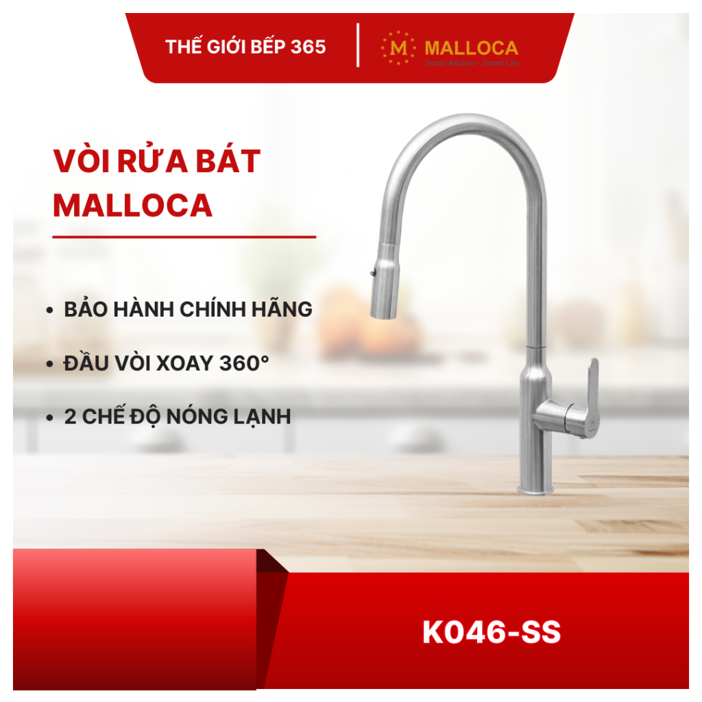 Vòi rửa chén Malloca K046-SS có dây rút - Vòi Nóng Lạnh Inox Bền Đẹp