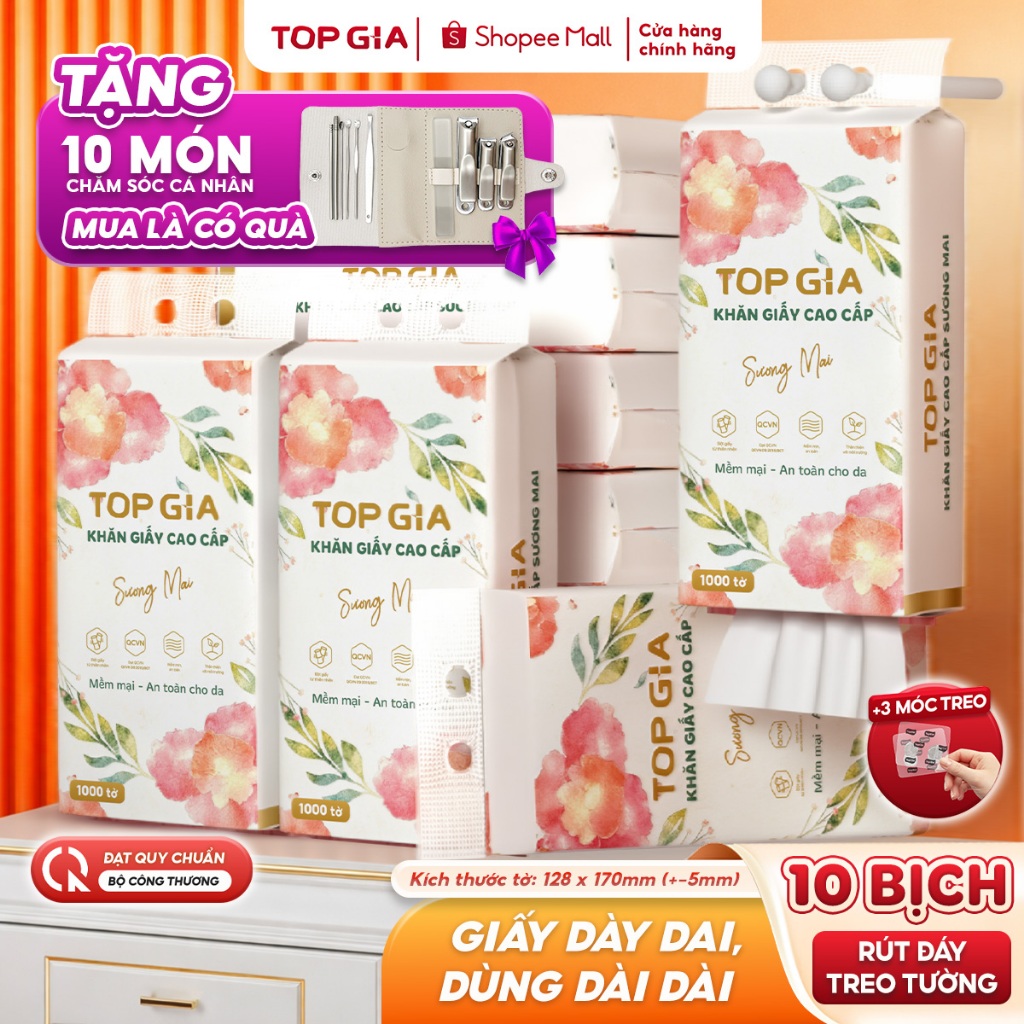 [MUA 10 BỊCH TẶNG 10 MÓN CHĂM SÓC CÁ NHÂN] Khăn giấy cao cấp Sương Mai TopGia 1000 tờ dai mềm mịn