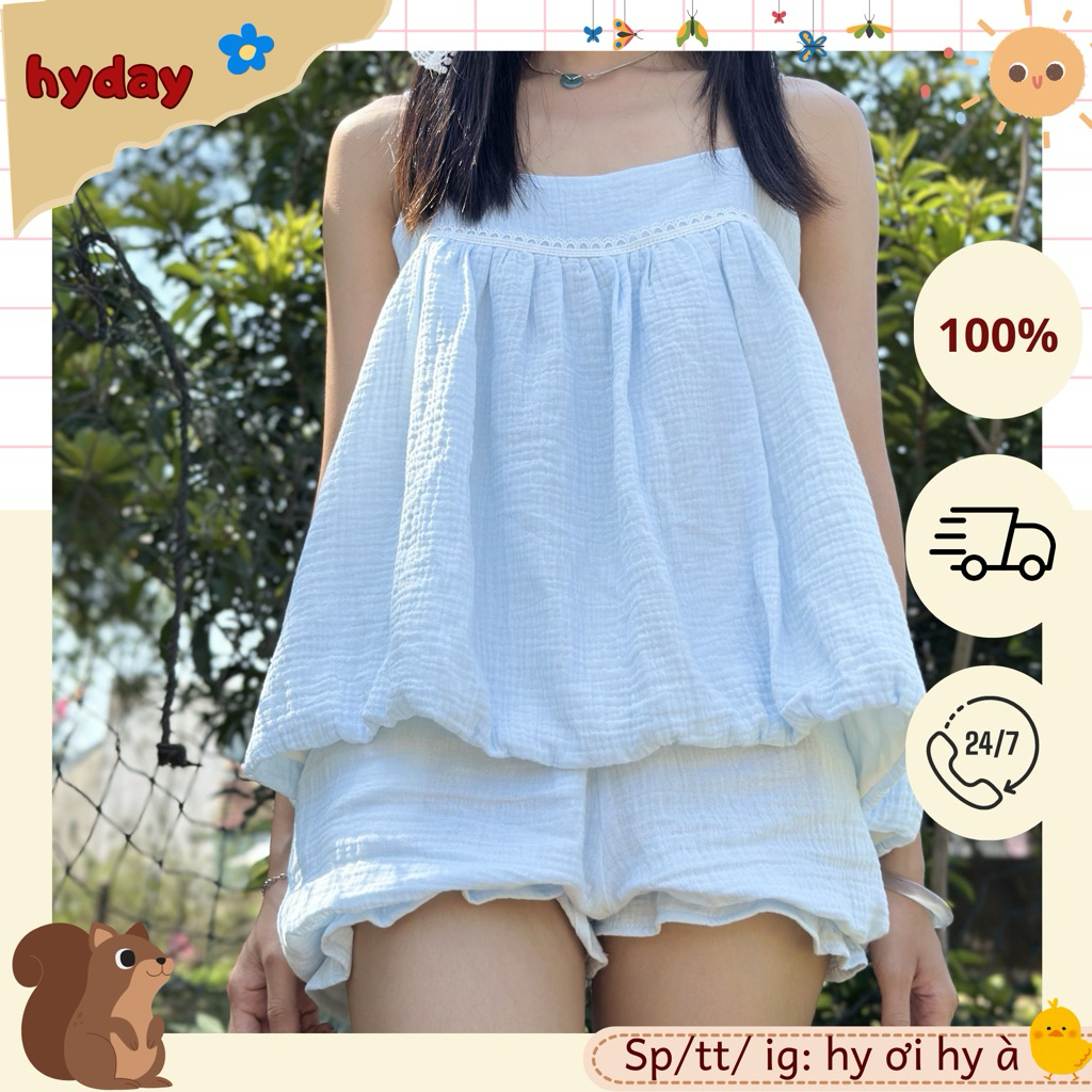 Đồ ngủ nữ hai dây chất xô muslin, set mặc nhà áo 2 dây dáng bí quần bí phối ren mã Bí Đỏ Hyday Musli