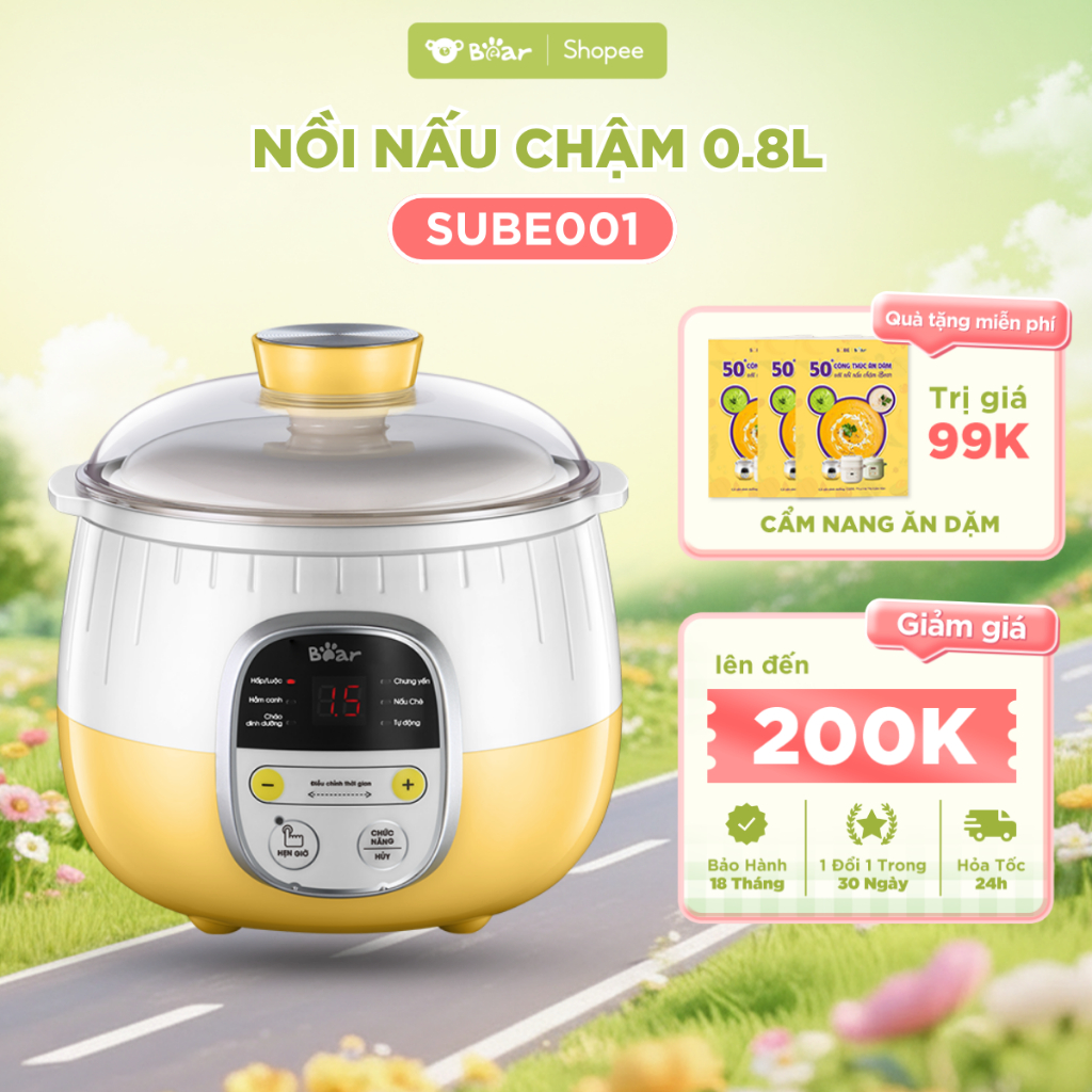 Nồi Nấu Chậm Bear SUBE001 Dung Tích 0.8L Nấu Cháo Ăn Dặm, Chưng Yến, Hầm Canh, Nấu Chè, Nấu Súp