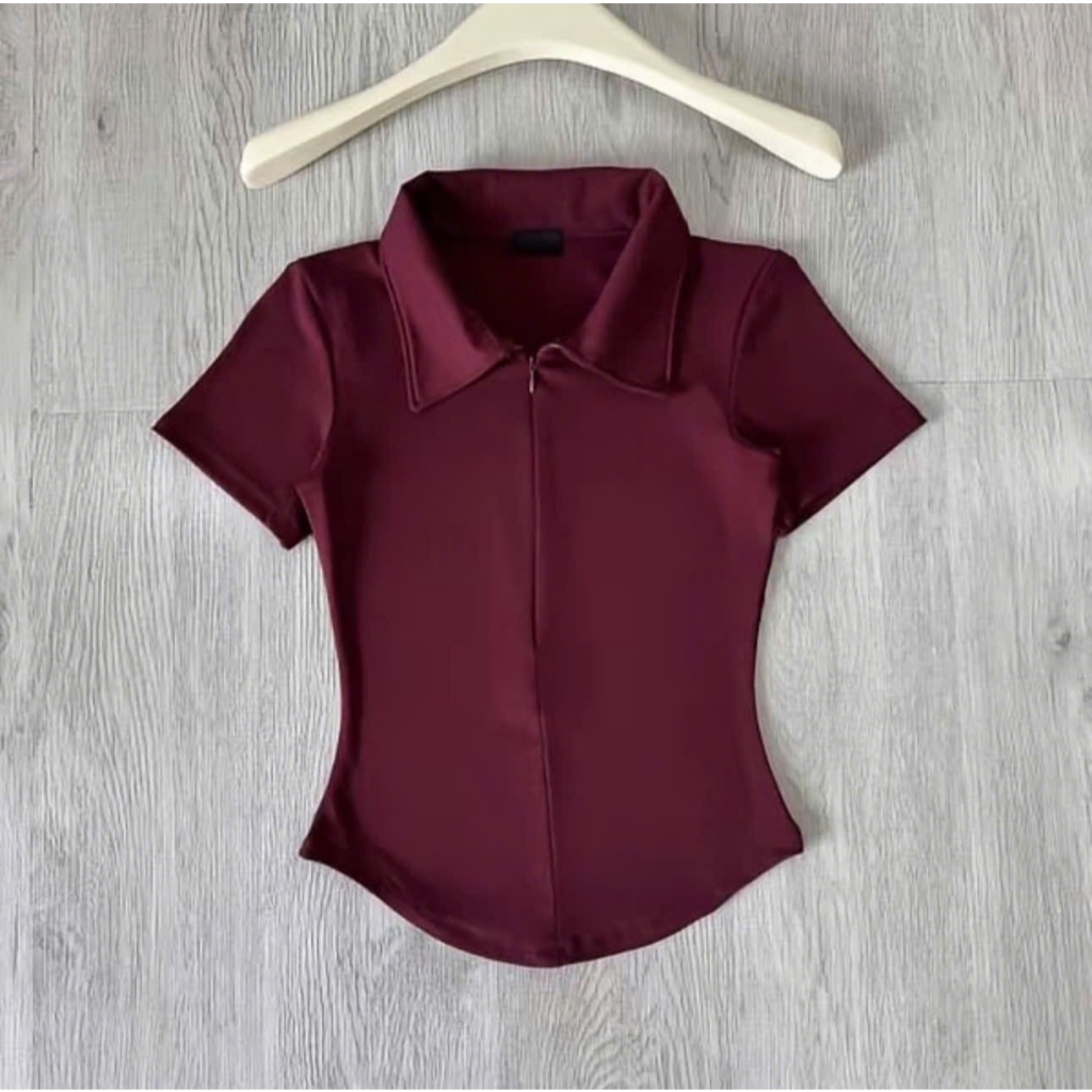 Áo cổ bẽ tay ngắn nữ khóa kéo trước chất liệu cotton lông mịn co giãn 4 chiều KINI-Style. | BigBuy360 - bigbuy360.vn