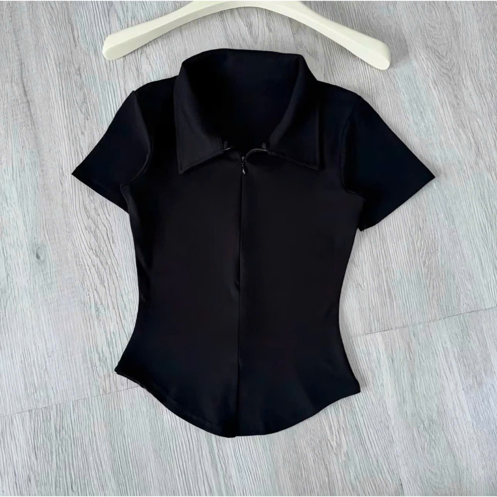 Áo cổ bẽ tay ngắn nữ khóa kéo trước chất liệu cotton lông mịn co giãn 4 chiều KINI-Style. | BigBuy360 - bigbuy360.vn