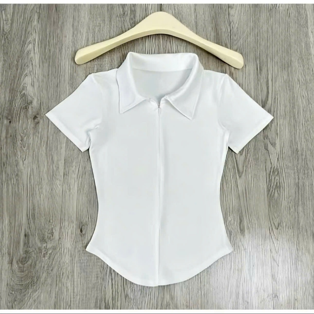 Áo cổ bẽ tay ngắn nữ khóa kéo trước chất liệu cotton lông mịn co giãn 4 chiều KINI-Style. | BigBuy360 - bigbuy360.vn
