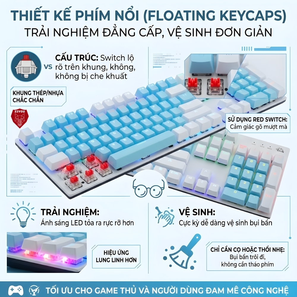 Bàn Phím CƠ Cao Cấp Ziyou K1 LED 20 Chế Độ Trục Cơ RED SWITCH Gõ Êm Phím Full Size Cho Máy Tính Lap | BigBuy360 - bigbuy360.vn
