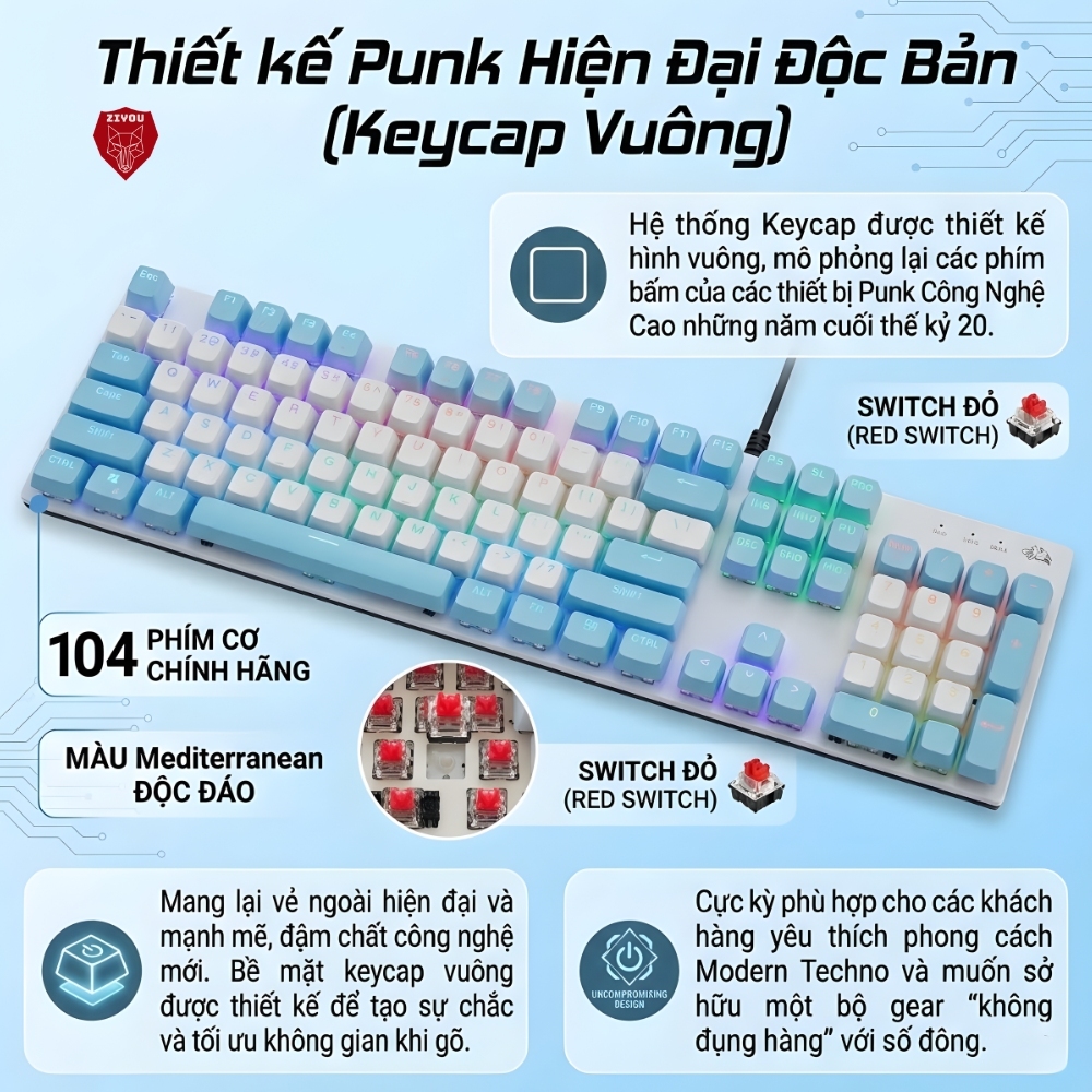 Bàn Phím CƠ Cao Cấp Ziyou K1 LED 20 Chế Độ Trục Cơ RED SWITCH Gõ Êm Phím Full Size Cho Máy Tính Lap | BigBuy360 - bigbuy360.vn