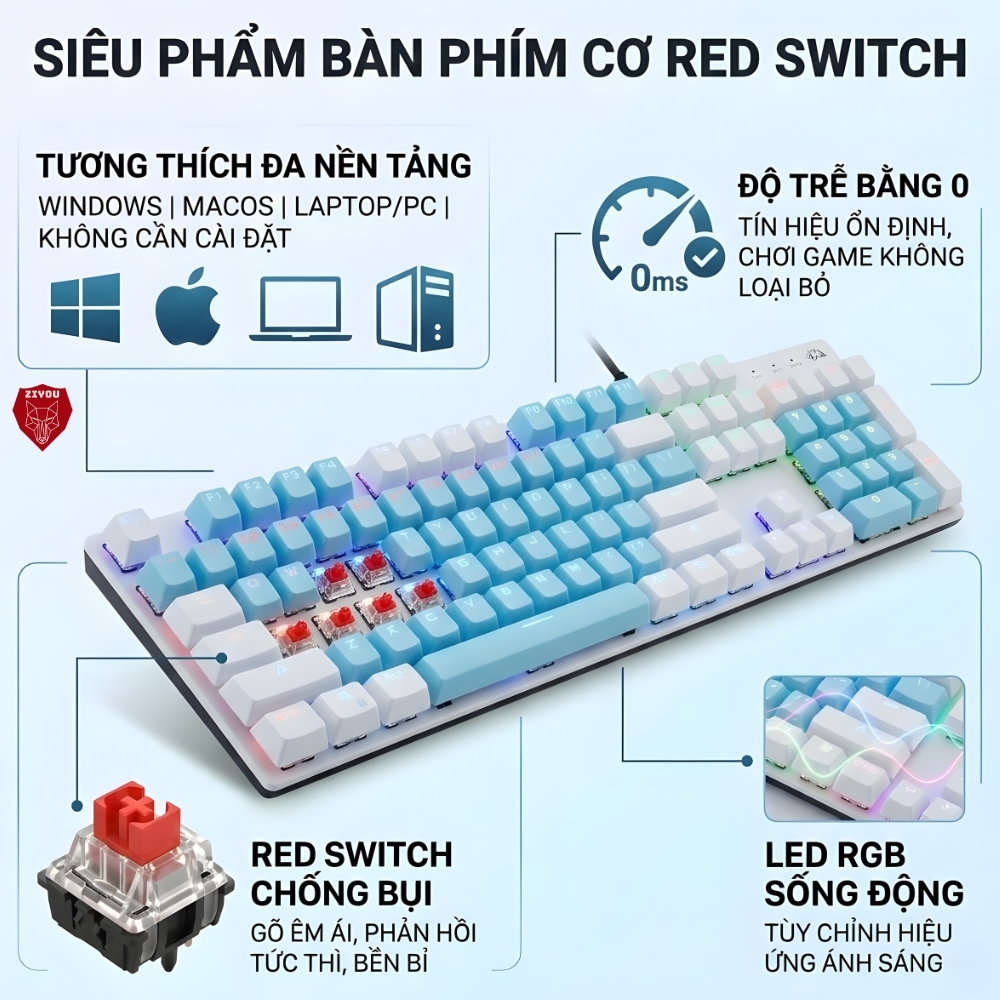 Bàn Phím CƠ Cao Cấp Ziyou K1 LED 20 Chế Độ Trục Cơ RED SWITCH Gõ Êm Phím Full Size Cho Máy Tính Lap | BigBuy360 - bigbuy360.vn