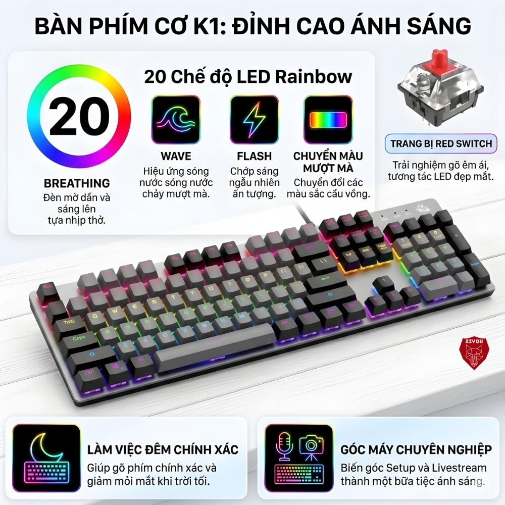 Bàn Phím CƠ Cao Cấp Ziyou K1 LED 20 Chế Độ Trục Cơ RED SWITCH Gõ Êm Phím Full Size Cho Máy Tính Lap | BigBuy360 - bigbuy360.vn