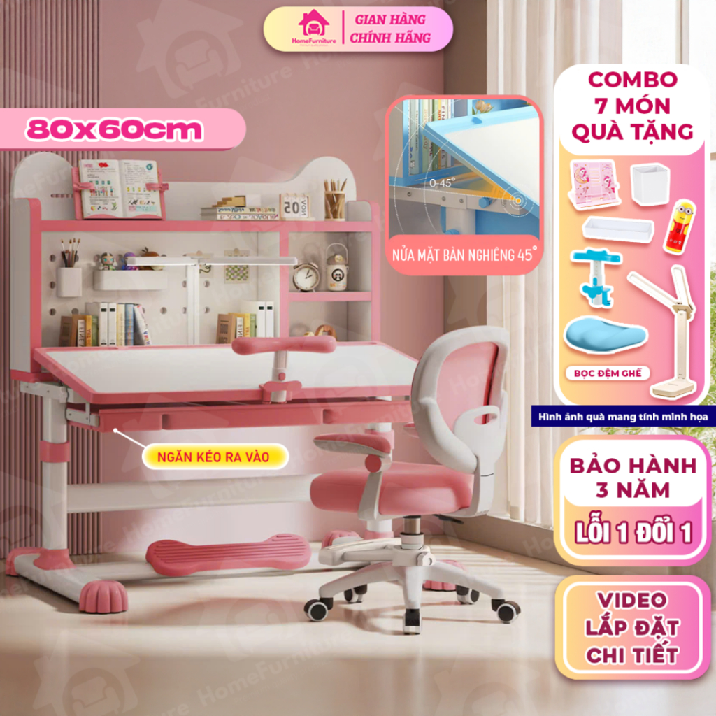 Bộ Bàn Học Thông Minh H68 ghế Xoay 360 Độ Phiên Bản Nâng Cấp Có Ngăn Kéo, Mặt Bàn Nghiêng 60 độ , Kè