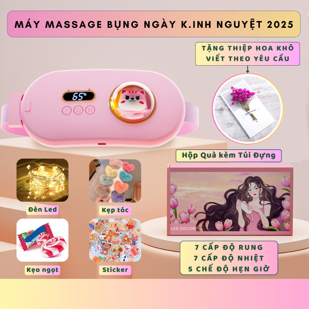 Quà Tặng Người Yêu - Đai Massage Bụng Ngày K.inh Nguyệt Cao Cấp - Màn Hình LED, 7 Cấp Độ Rung, 7 Mức Nhiệt Độ, Thiệp Hoa
