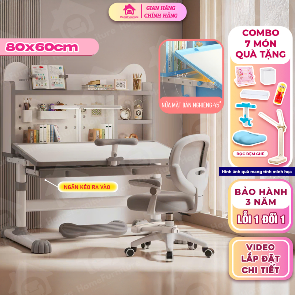 Bộ Bàn Học Chống Gù H68 Bàn Học Cho Bé ghế Xoay 360 Độ Phiên Bản Nâng Cấp Có Ngăn Kéo, Mặt Bàn Nghiê