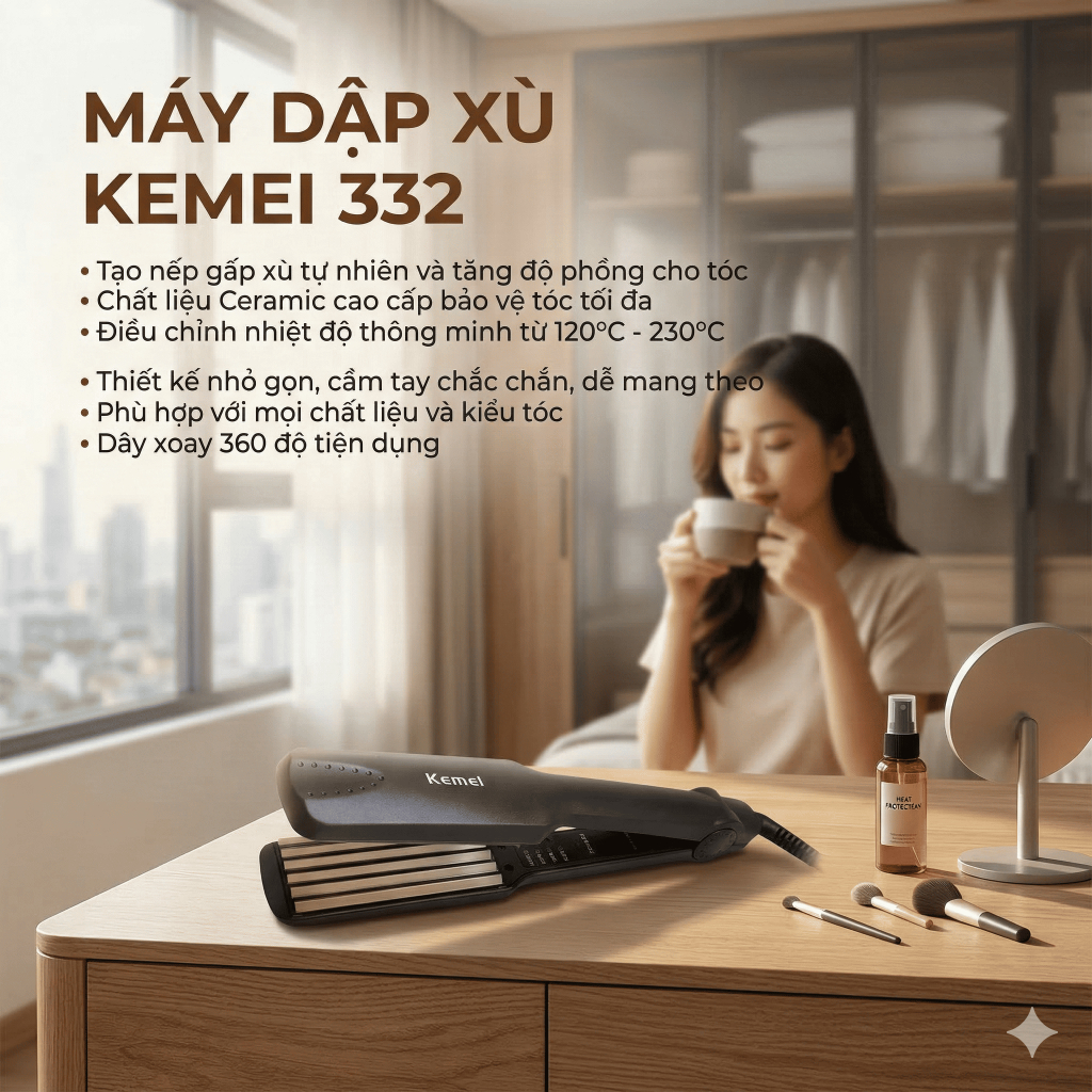 Máy Dập Phồng Chân Tóc Kemei 332 4 Mức Nhiệt Thông Minh, Tạo Kiểu Tóc Phồng Nhanh - Bảo Hành 1 Đổi 1