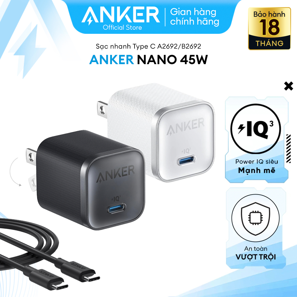 Củ sạc Anker Nano 45W Type C, kèm cáp C - C 1.8m, Sạc nhanh, phích cắm nhỏ gọn và có thể gập lại - B
