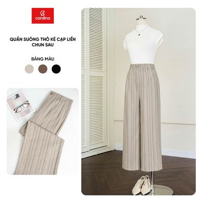 Quần dài nữ CARDINA chất vải thô kẻ cạp liền chun sau 6QDT45