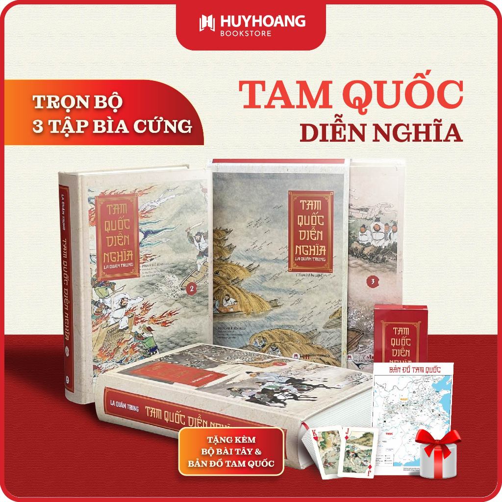 Sách Tam Quốc Diễn Nghĩa Trọn Bộ 3 Tập Bìa Cứng, Tặng kèm Bộ Bài Tây Đặc Sắc, Văn Học Kinh Điển
