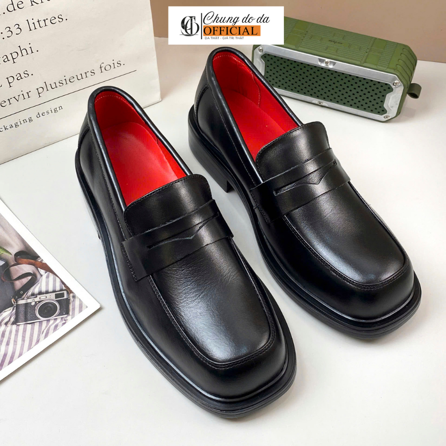 Giày Lười Nam Penny Loafer Da Bò Thật G1-PLFD3-MOCA01 Mũi Vuông Hiện Đại, Giày Nam Không Dây Lót Đỏ 