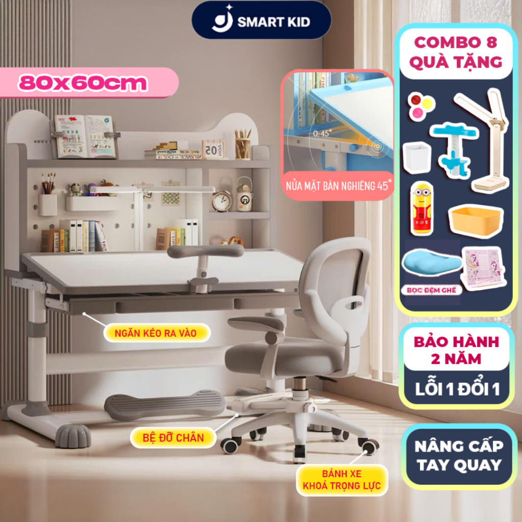 Bộ bàn học thông minh H68 Smart Kids ghế xoay 360 độ, mặt bàn nghiêng 60 độ nâng hạ độ cao, kèm nhiề