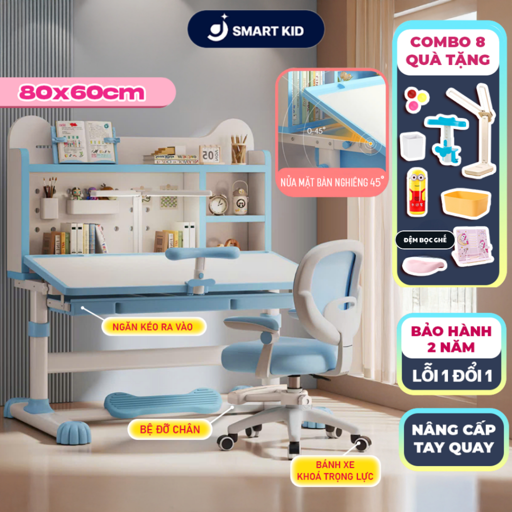 Bộ bàn học chống gù, chống cận cho bé H68 có ngăn kéo ghế xoay 360 độ, size lớn 60x80 mặt bàn nghiên