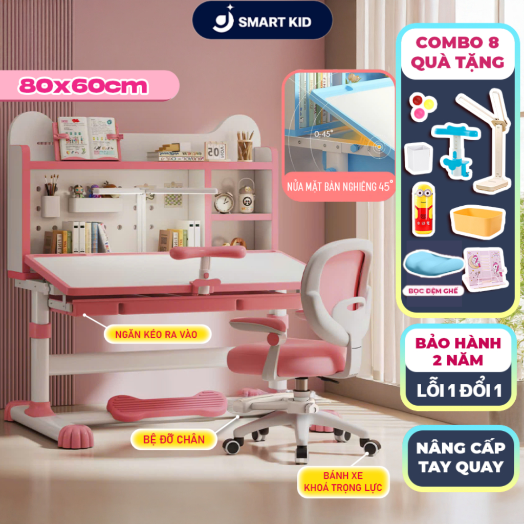 Bàn học cho bé H68 Smart kid ghế xoay 360 độ, mặt bàn nghiêng 60 độ, kèm nhiều quà tặng
