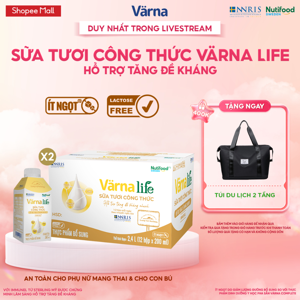 [LIVESTREAM PEWPEW] Combo 2 Thùng 12 hộp Varna Life sữa tươi công thức (24 hộp giấy x 200ml) - Không