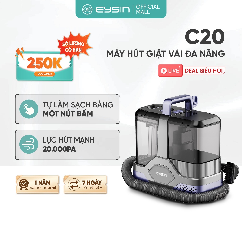 Máy hút giặt EYSIN C20 giặt sofa lực hút mạnh 20000PA đa năng hút ướt và khô, tự làm sạch, khử trùng