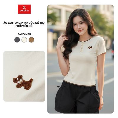 Áo phông nữ CARDINA chất liệu cotton zip tay cộc cổ trụ phối viền 6ATC05