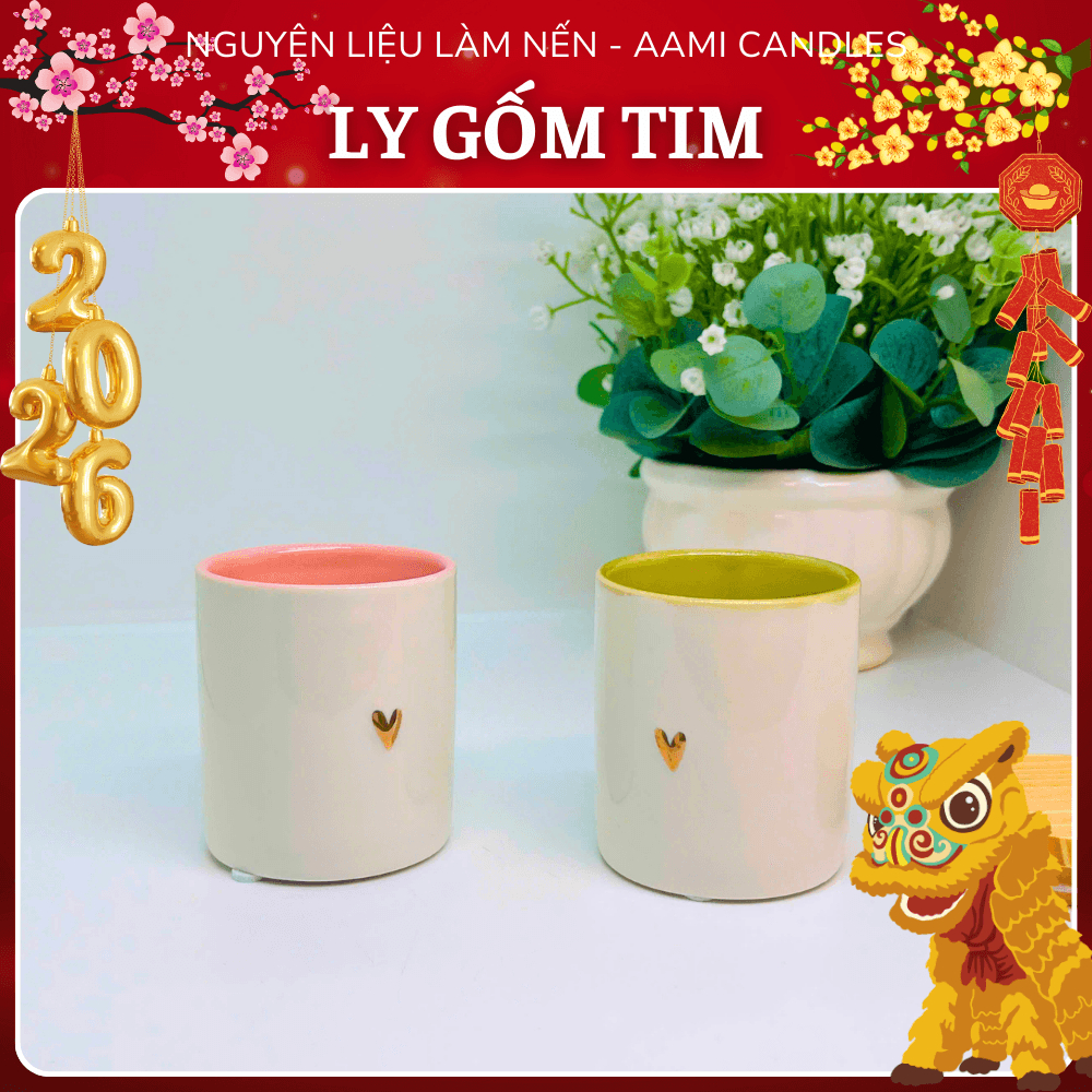 Ly Làm Nến Thơm Họa Tiết Trái Tim - Cốc Thủy Tinh Mờ Nắp Gỗ/Ly Gốm Decor Handmade 50ml-100ml-125ml
