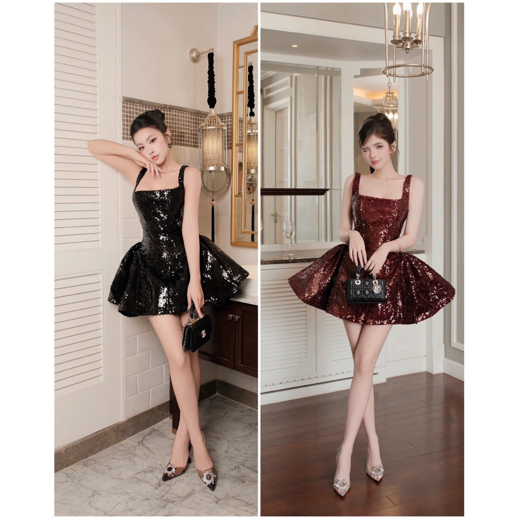 Đầm Kim Sa Bling Bling Cổ Vuông Tùng Xoè Phồng Sang Trọng - 𝐃𝟐𝐓 𝐒𝐓𝐎𝐑𝐄