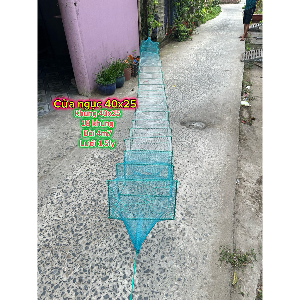 Lú 12 cửa ngục bắt cá tôm khung Dài 5m Và khung 45x25cm, 18 khung mắc lưới 5ly