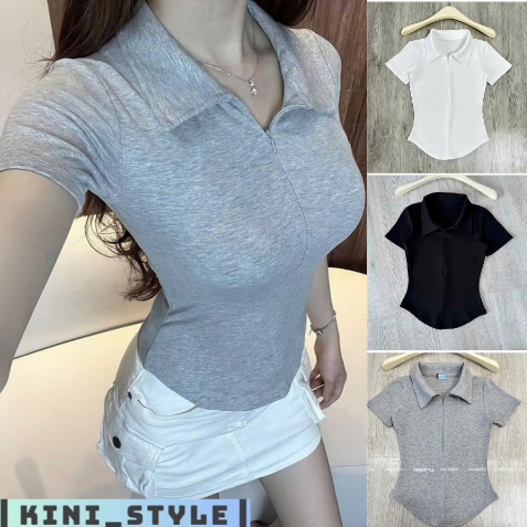Áo cổ bẽ tay ngắn nữ khóa kéo trước chất liệu cotton lông mịn co giãn 4 chiều KINI-Style. | BigBuy360 - bigbuy360.vn