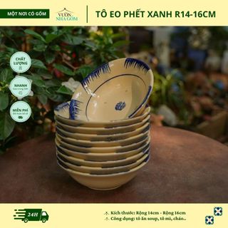 (Combo 5 cái) Tô Eo Nhỏ Phết Xanh - Vườn Nhà Gốm - Tô Soup Nhỏ, Tô Ăn Cháo - R14cm | R16cm.