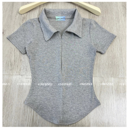 Áo cổ bẽ tay ngắn nữ khóa kéo trước chất liệu cotton lông mịn co giãn 4 chiều KINI-Style. | BigBuy360 - bigbuy360.vn