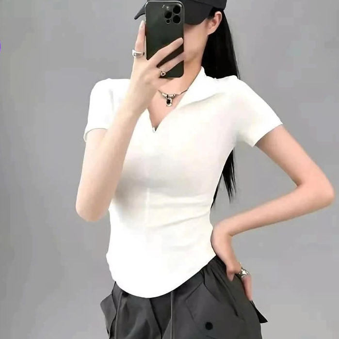 Áo cổ bẽ tay ngắn nữ khóa kéo trước chất liệu cotton lông mịn co giãn 4 chiều KINI-Style. | BigBuy360 - bigbuy360.vn