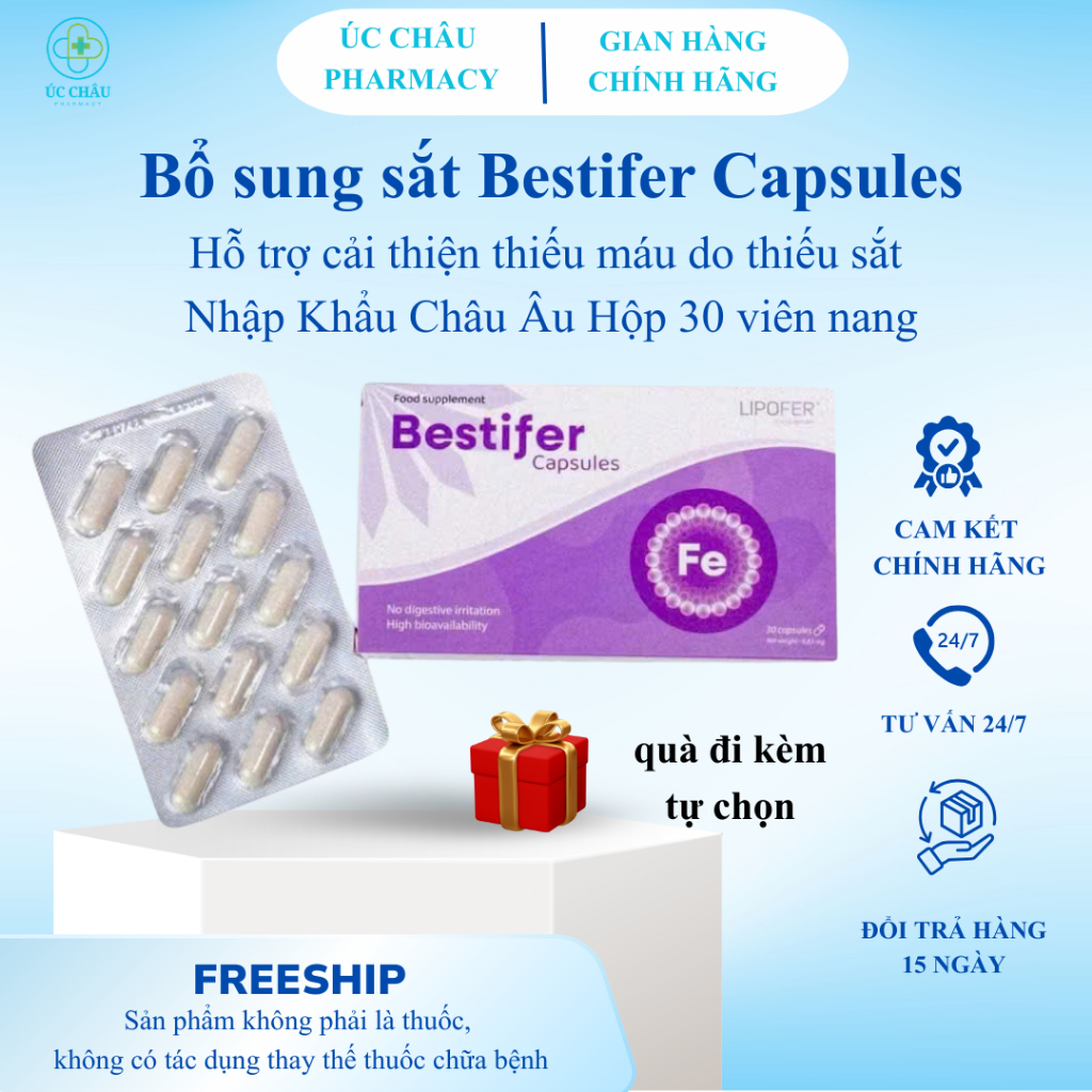 Bestifer Capsules, Sắt hướng đích Bestifer dạng viên, giúp bổ sung sắt bầu sau sinh, trẻ từ 12 tuổi