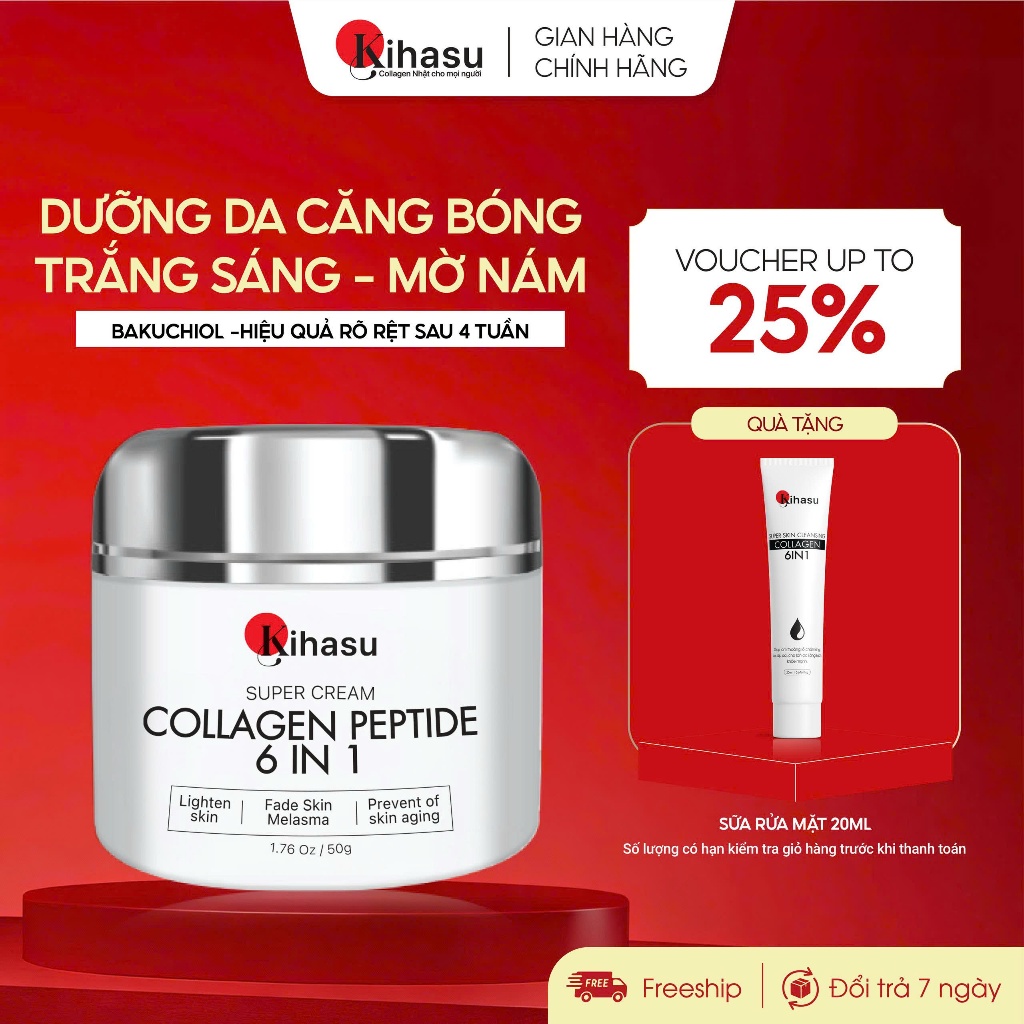 Kem Dưỡng Kihasu Collagen Peptide 6in1 50g Dưỡng Sáng Chống Lão Hóa Giúp Trẻ Hóa, Cấp Ẩm, Mờ Thâm Ná