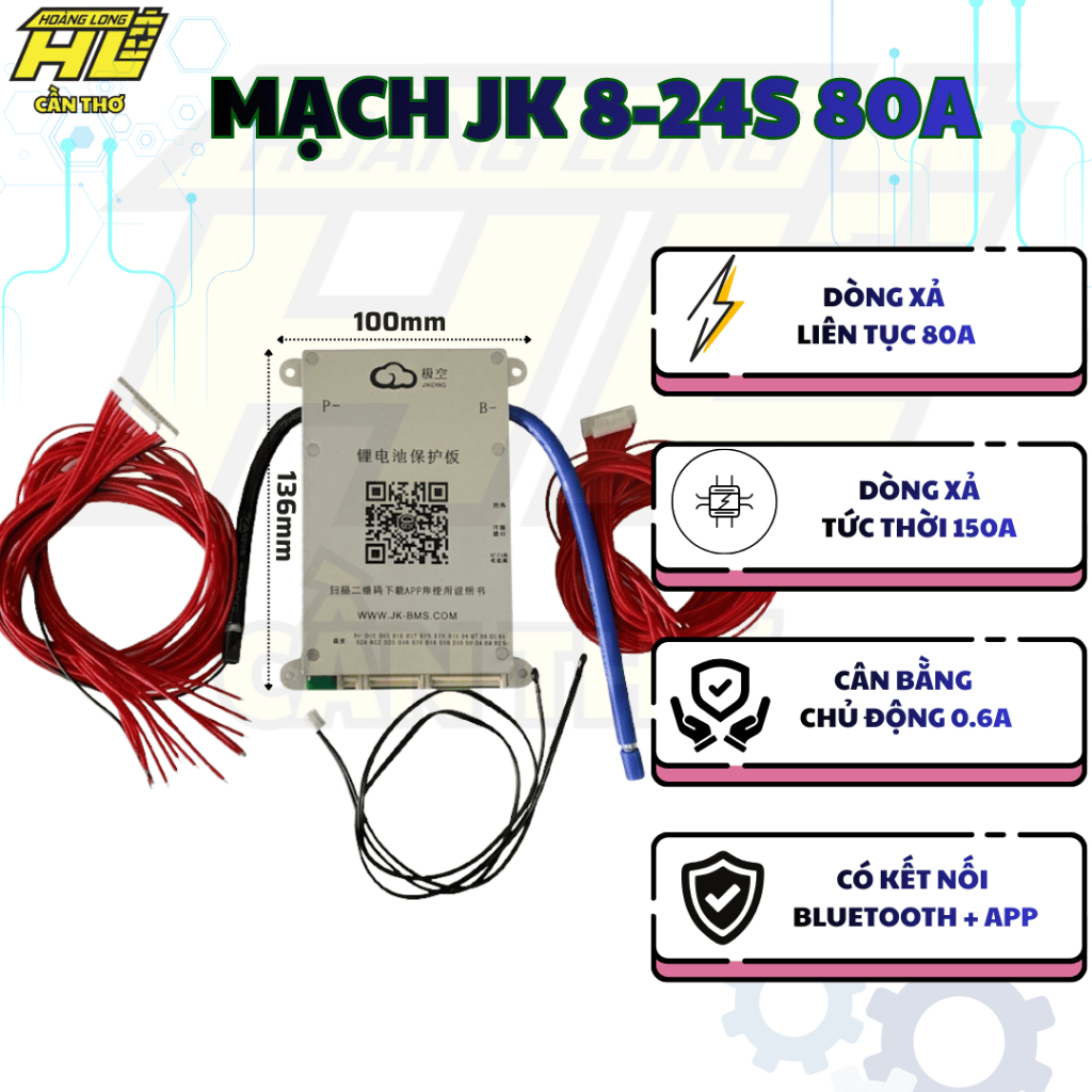 BMS JK 8-24S 80A - Cân Bằng 0.6A, Tích Hợp Bluetooth & App Điều Khiển
