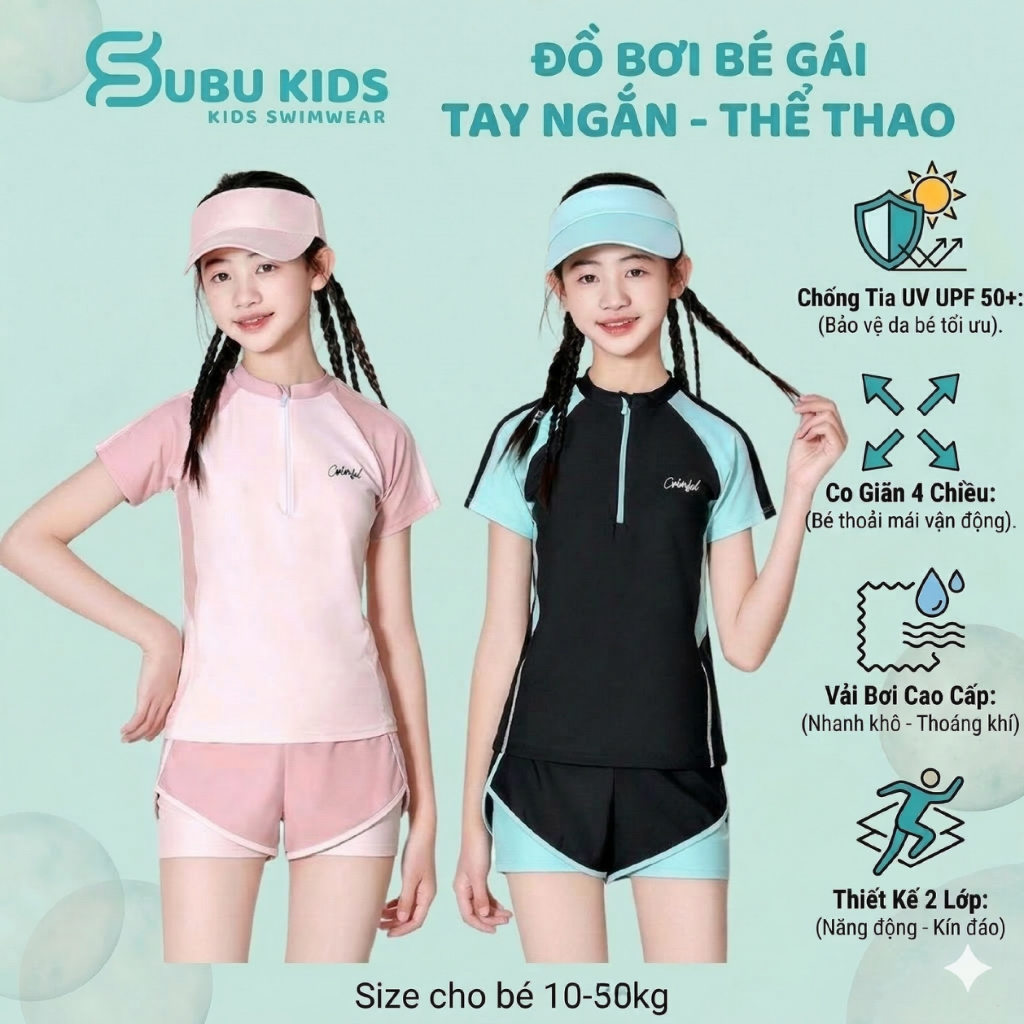 Đồ Bơi Bé Gái Tay Ngắn Quần Đùi - Set 2 Lớp Thể Thao Co Giãn 4 Chiều Chống UV UPF 50+