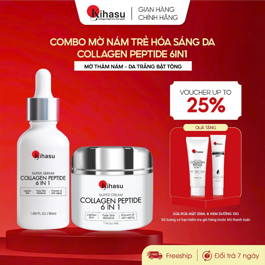 Combo Serum Collagen Kihasu 50ml Và Kem Dưỡng Collagen Kihasu 50g  6in1 Hỗ Trợ Sáng Da, Dưỡng Ẩm, Ng