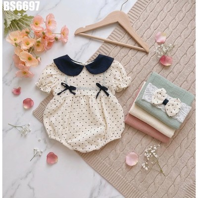Set Đồ Liền Thân Body Chấm Bi Cổ Sen Đính Nơ Bodysuit Bé Gái Sơ Sinh 1 2 Tuổi MINTSCLOSET - BS6697
