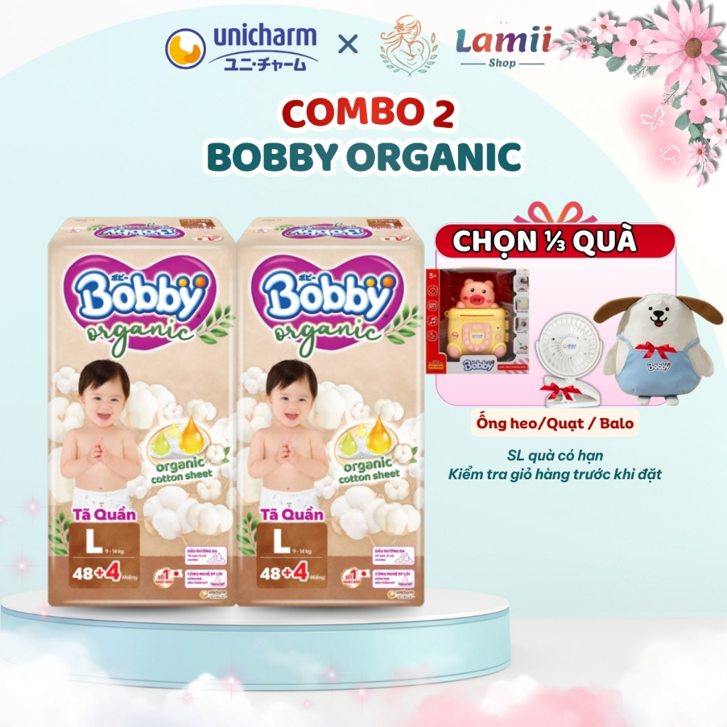 COMBO 2 Tã Quần Bobby Organic Bỉm Cao Cấp Dành Cho Bé Chính Hãng full size M54, L48, XL, 2XL,3XXL