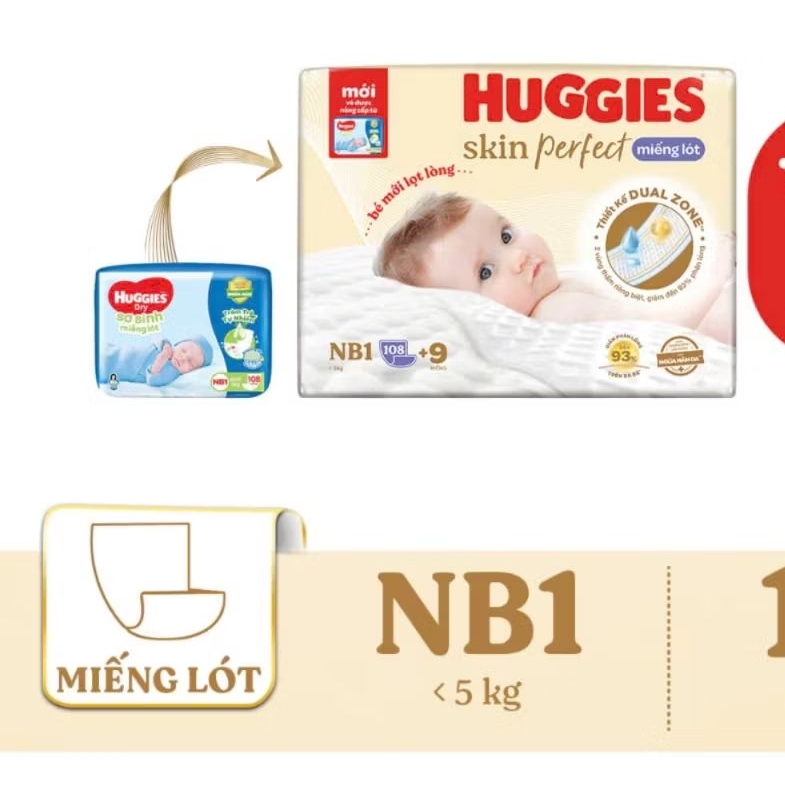 Miếng lót sơ sinh Huggies Skin Perfect NB1 64+4/ NB2 60/ NB1 108+6 miếng với 2 vùng thấm giảm kích ứ