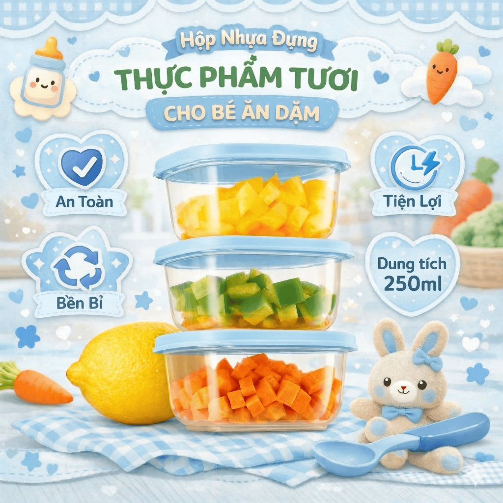 Bộ 3 hộp thực phẩm vuông mini 250ml Inochi - nhỏ gọn tiện lợi,đựng đồ ăn dặm, gioăng kín hơi kín khí