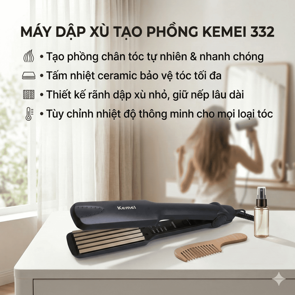 Máy Dập Phồng Chân Tóc Kemei 332 4 Mức Nhiệt Thông Minh, Tạo Kiểu Tóc Phồng Nhanh Chóng, Tiện Lợi