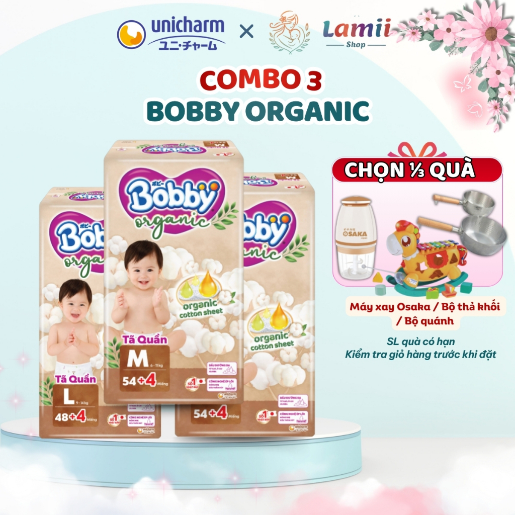 Combo 3 Tã Quần Bobby Organic ngày Bỉm Cao Cấp Bobby Chính Hãng cho bé full size M, L, XL, 2XL,3XXL