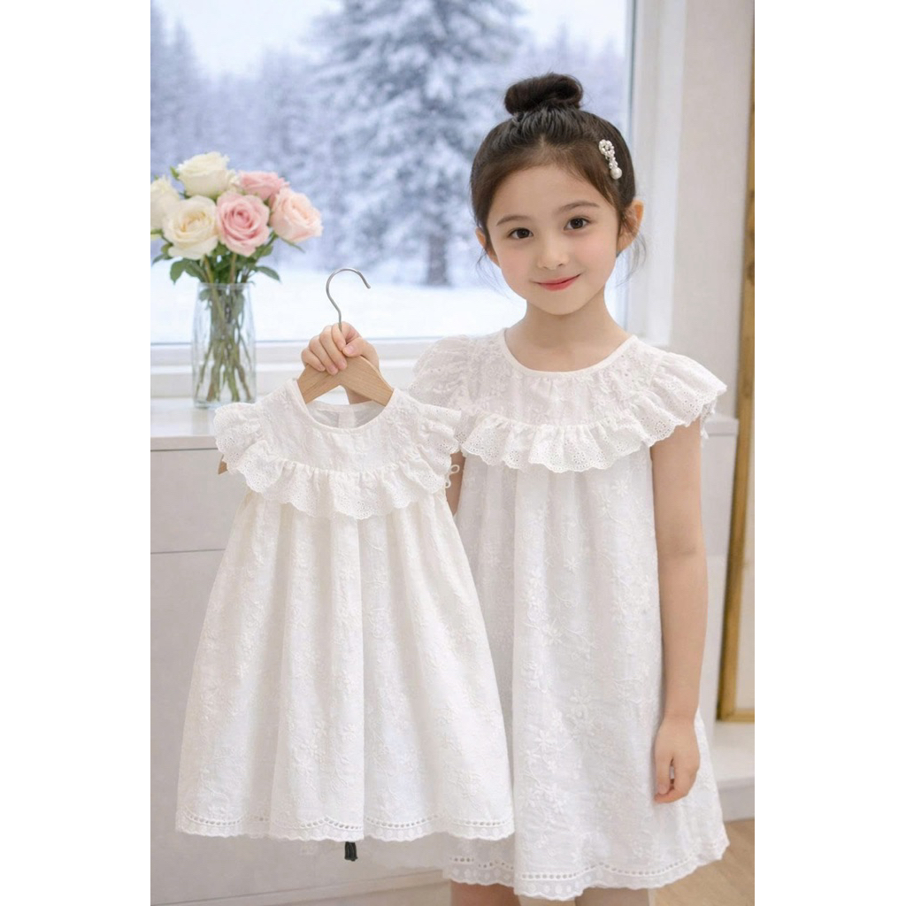 ‼️‼️Trắng‼️‼️Đầm trắng thêu công Chúa Bé Gái Hàn Quốc Trắng Vintage 2-12 Tuổi 10-40kg