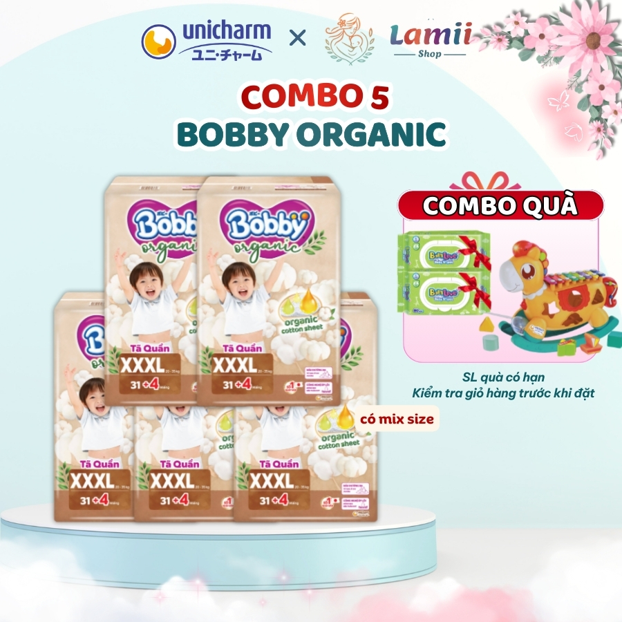 Combo 5 Tã Quần Bobby Organic Ngày Bỉm Cao Cấp Dành Cho Bé Chính Hãng full size M54, L48, XL, 2XL,3X